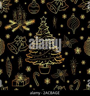 Seamless pattern with golden christmas decorative elements on black background. Vector illustration Stock Vector