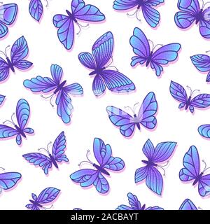 Butterfly seamless pattern. Butterflies with different blue wings fly. Abstract surface design. Vector hand drawn stock illustrations. Colorful magic Stock Vector