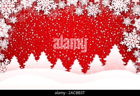 Vector winter holidays landscape background with trees, snowflakes and falling snow Stock Vector