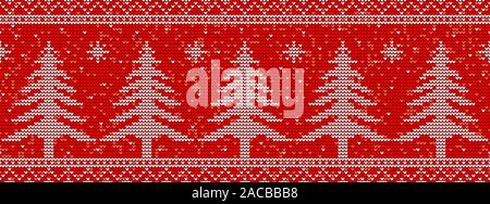 Red knitting seamless pattern background with christmas trees and snowflakes. Vector illustration Stock Vector