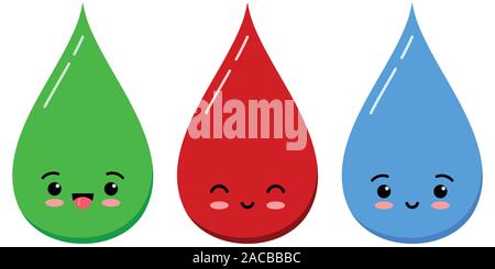 Water, blood and green liquid drop emoticon icon set isolated on white background. Stock Vector