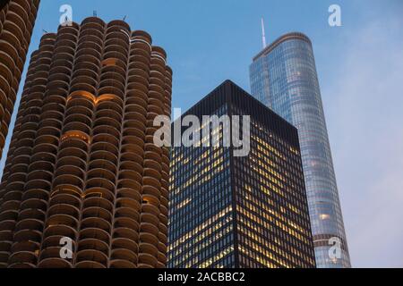 Marina City, 330 North Wabash (aka IBM Building, IBM Plaza, AMA Plaza) and Trump Tower, Chicago, USA Stock Photo