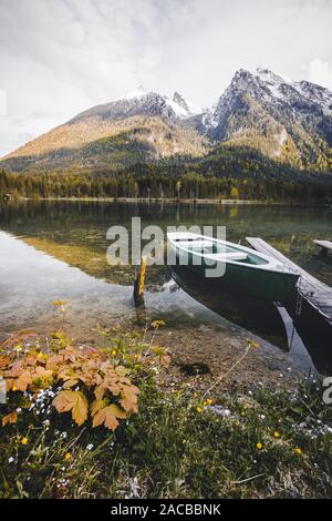 Fantastic autumn panorama on Hintersee lake. Colorful morning view of Bavarian Alps on the Austrian border, Germany, Europe. Stock Photo