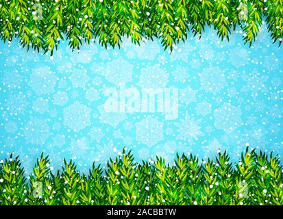 Winter background with Christmas tree branches and snow on blue Stock Vector