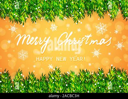 Merry Christmas and Happy New Year greeting card. Christmas tree branches border with snow and text Stock Vector