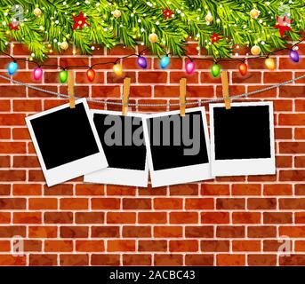 Greeting card with christmas tree branches, garlands and brick wall vector Stock Vector