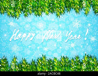 Happy New Year greeting card. Christmas tree branches, snow and text on blue background with snowflakes Stock Vector