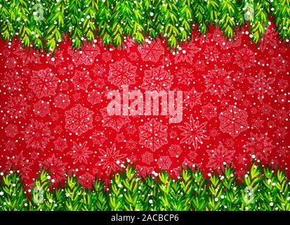 Winter background with Christmas tree branches, snow and snowflakes on red Stock Vector