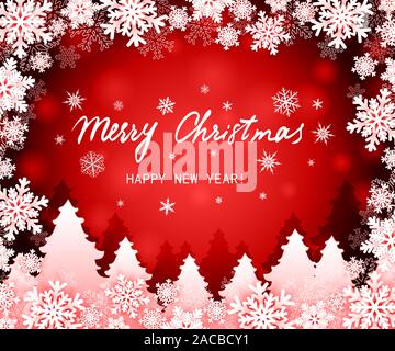 Christmas background with winter forest and snowflakes frame. Vector illustration Stock Vector