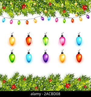 Vector christmas background with pine branches and colorful lights on white Stock Vector