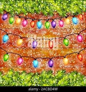 Christmas light bulbs garlands on wooden background vector Stock Vector