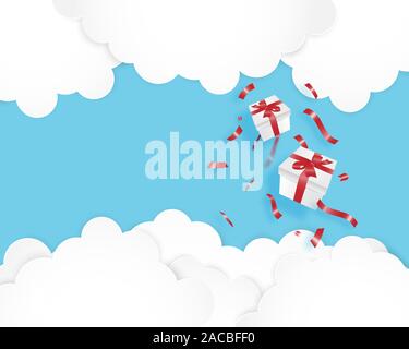 Happy birthday with falling gift box in the sky in paper cut style. Digital craft paper art. Stock Vector