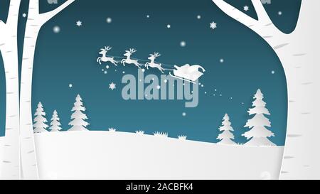 Christmas celebration banner with silhouette Santa Claus and reindeer in paper cut style. Digital craft paper art. Stock Vector