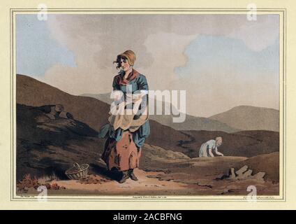 Cranberry girl. George Walker's The Costume of Yorkshire. Young woman picking cranberries Yorkshire Moors, 19th Century Stock Photo