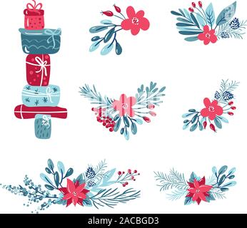 Christmas vector set of plants with flowers, spruce branches, leaves, gift boxes and berries. Handwritten modern brush lettering. Hand drawn design Stock Vector