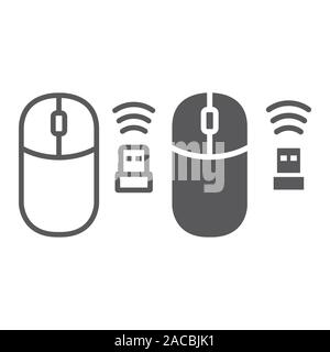 Wireless mouse line and glyph icon, cursor and device, computer mouse sign, vector graphics, a linear pattern on a white background. Stock Vector