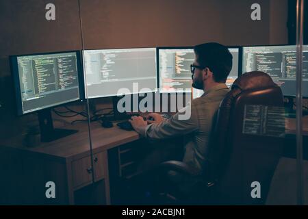 Profile side view of nice senior devops qualified expert guy providing service editing solving problem debug report bug tracking fixing creating Stock Photo