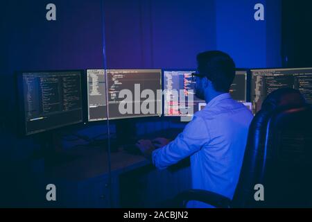 Profile side view of his he nice senior middle devops expert guy providing internet service online data research tech solving problem debug report qa Stock Photo