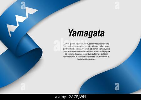 Waving ribbon or banner with flag of Yamagata. Prefecture of Japan. Template for poster design Stock Vector