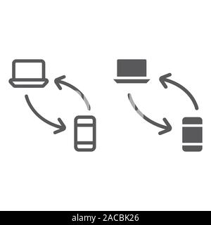 Data transferring from laptop to smartphone line and glyph icon, technology and transfer, synchronization sign, vector graphics, a linear pattern on a Stock Vector