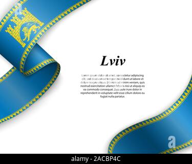 Waving ribbon with flag of Lviv City. Template for poster design Stock Vector