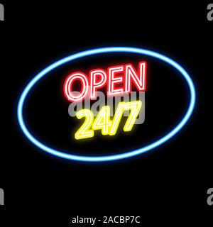 Open 24/7 neon sign on a black background. Vector illustration . Stock Vector