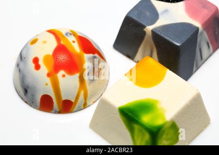 beautiful chocolate cubes placed on white background Stock Photo