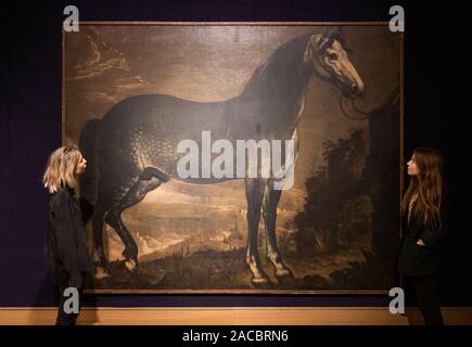 Bonhams, London, UK. 2nd December 2019. Old Masters Painting sale preview at Bonhams. Image: Italian School, early 17th Century. A dappled grey Neapolitan horse before an extensive landscape. Estimate: £50,000-70,000. Credit: Malcolm Park/Alamy Live News. Stock Photo