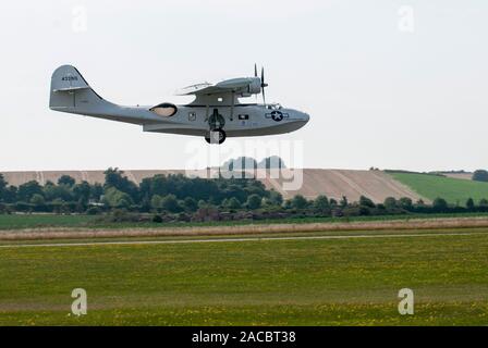 A Catalina sea plane Aircraft takes off from RAF Duxford in Cambridgeshire for the start of a round Britain British Circuit Race sponsored by the Daily Mail. Stock Photo