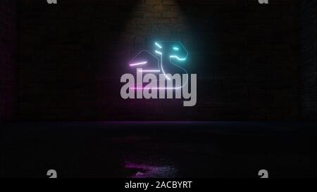 3D rendering of blue violet neon symbol of fairy tale fury on dark brick wall background with wet blurred reflection Stock Photo