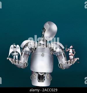 Robot weighing up good and evil robots Stock Photo