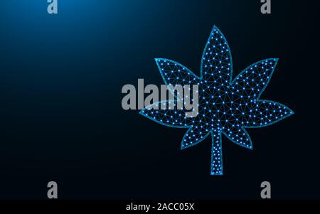 Cannabis low poly design, Hemp abstract geometric image, marijuana wireframe mesh polygonal vector illustration made from points and lines on dark blu Stock Vector