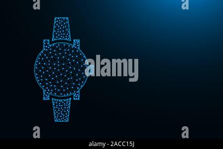Wrist Watch low poly design, clock abstract geometric image, time wireframe mesh polygonal vector illustration made from points and lines on dark blue Stock Vector