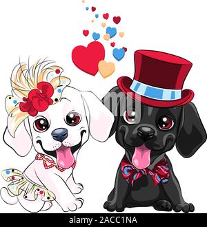 Lovers cute cartoon labrador retriever dogs, yellow labrador gentleman in a hat and bow tie and white labrador lady in skirt and hat with flowers Stock Vector