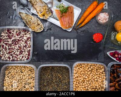 Assortment of healthy food containing iodine. Natural products rich in I, vitamins, micronutrients. Useful food for health and balanced diet Stock Photo