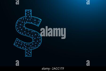 Dollar symbol low poly design, currency in polygonal style, money sign wireframe vector illustration made from points and lines on dark blue backgroun Stock Vector