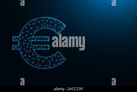 Euro symbol low poly design, currency in polygonal style, money sign wireframe vector illustration made from points and lines on dark blue background Stock Vector