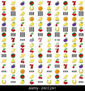 Vector slot machine symbols set background. Lucky number seven, Golden bell, orange, plum, one two and three cherries. Watermelon. The inscription BAR. Lemon, horseshoe. One two and three bars of gold. Isolated on white background. Stock Vector