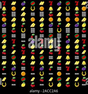 Vector slot machine symbols set background. Lucky number seven, Golden bell, orange, plum, one two and three cherries. Watermelon. The inscription BAR. Lemon, horseshoe. One two and three bars of gold. Isolated on black background. Stock Vector