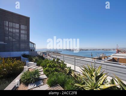 Communal rooftop terrace with view towards harbour and Table Bay. Silo District Cape Town, Cape Town, South Africa. Architect: VDMMA, 2019. Stock Photo