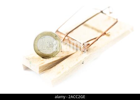 Mouse trap with white Background and a Euro coin Stock Photo