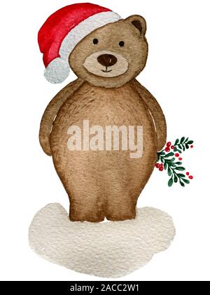 watercolor teddy bear with santa hat and mistletoe bouquet, christmas card template with teddy bear isolated on white background Stock Photo
