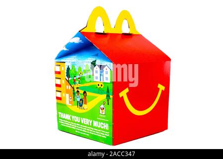 McDonald's Happy Meal cardboard box. McDonald's is a fast food restaurant chain Stock Photo