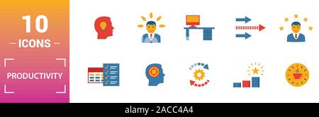 Productivity icon set. Include creative elements skill, time management, coffee break, work plan, daily tasks icons. Can be used for report Stock Vector
