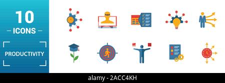 Productivity icon set. Include creative elements skill, time management, coffee break, work plan, daily tasks icons. Can be used for report Stock Vector