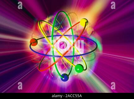 Atomic structure. Computer artwork representing a single atom of beryllium (symbol: Be). This is the traditional way the structure of an atom is depic Stock Photo