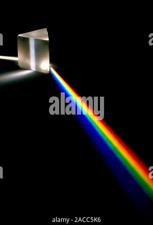 White light passing through a triangular prism, which splits the light into the spectral colours. Stock Photo