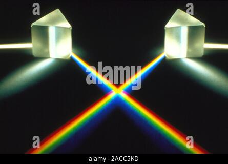 Multiple exposure of white light through a triangular prism. White light passing through a triangular prism is split into its constituent wavelenghts, Stock Photo