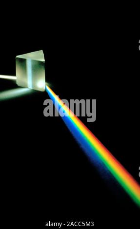 White light passing through a triangular prism which splits the light into spectral colours. Stock Photo