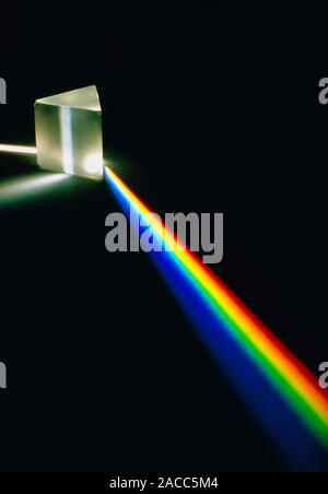 White light passing through a triangular prism which splits the light into spectral colours. Stock Photo